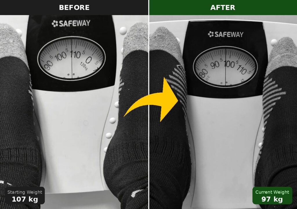 Scale showing my weight loss progress from 107kg to 97kg during my first month of weight loss after 40